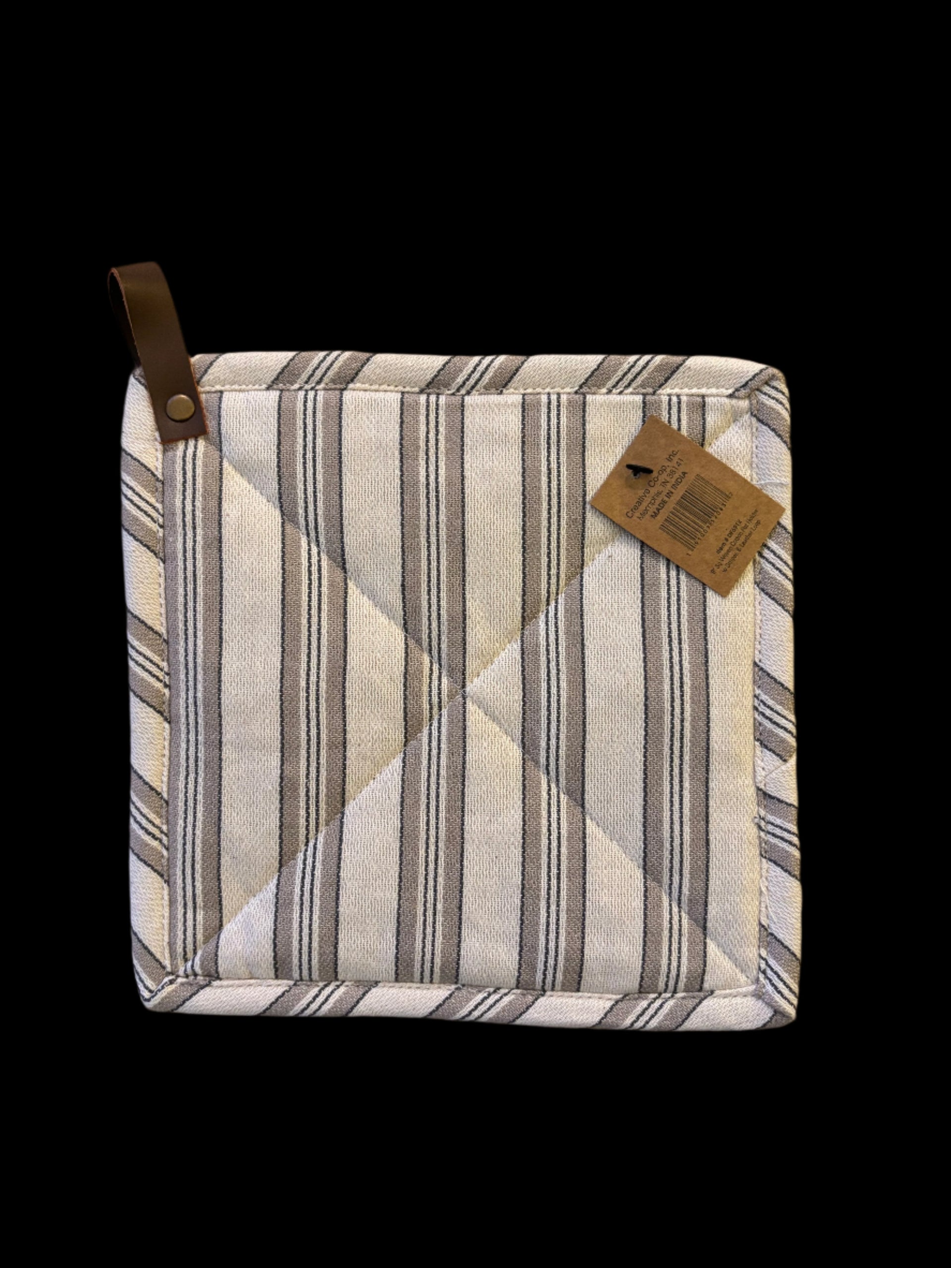 8” Woven Cotton Pot Holder, w/ Grey, Beige & Cream Stripe