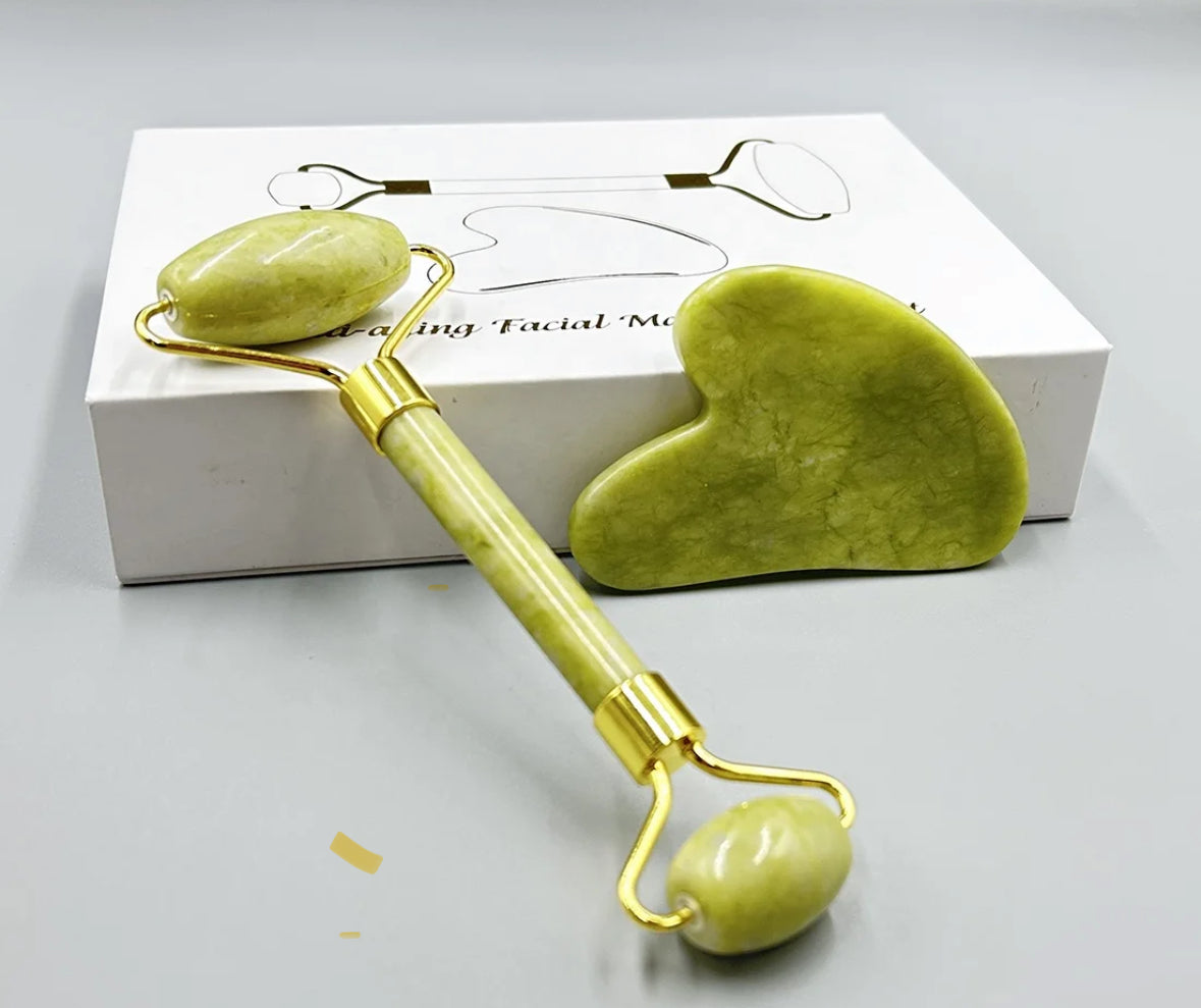 Juego de rodillos de masaje facial con piedra de jade y caja Gua Sha 