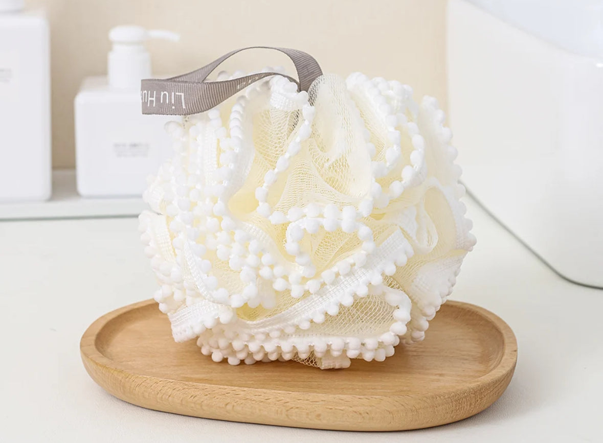 Loofah Pouf with Pom Pom Trim