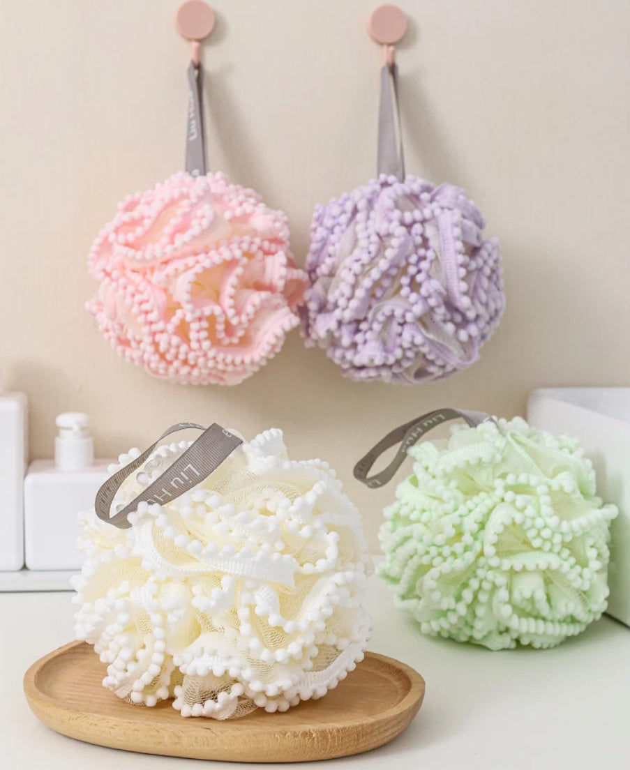 Loofah Pouf with Pom Pom Trim