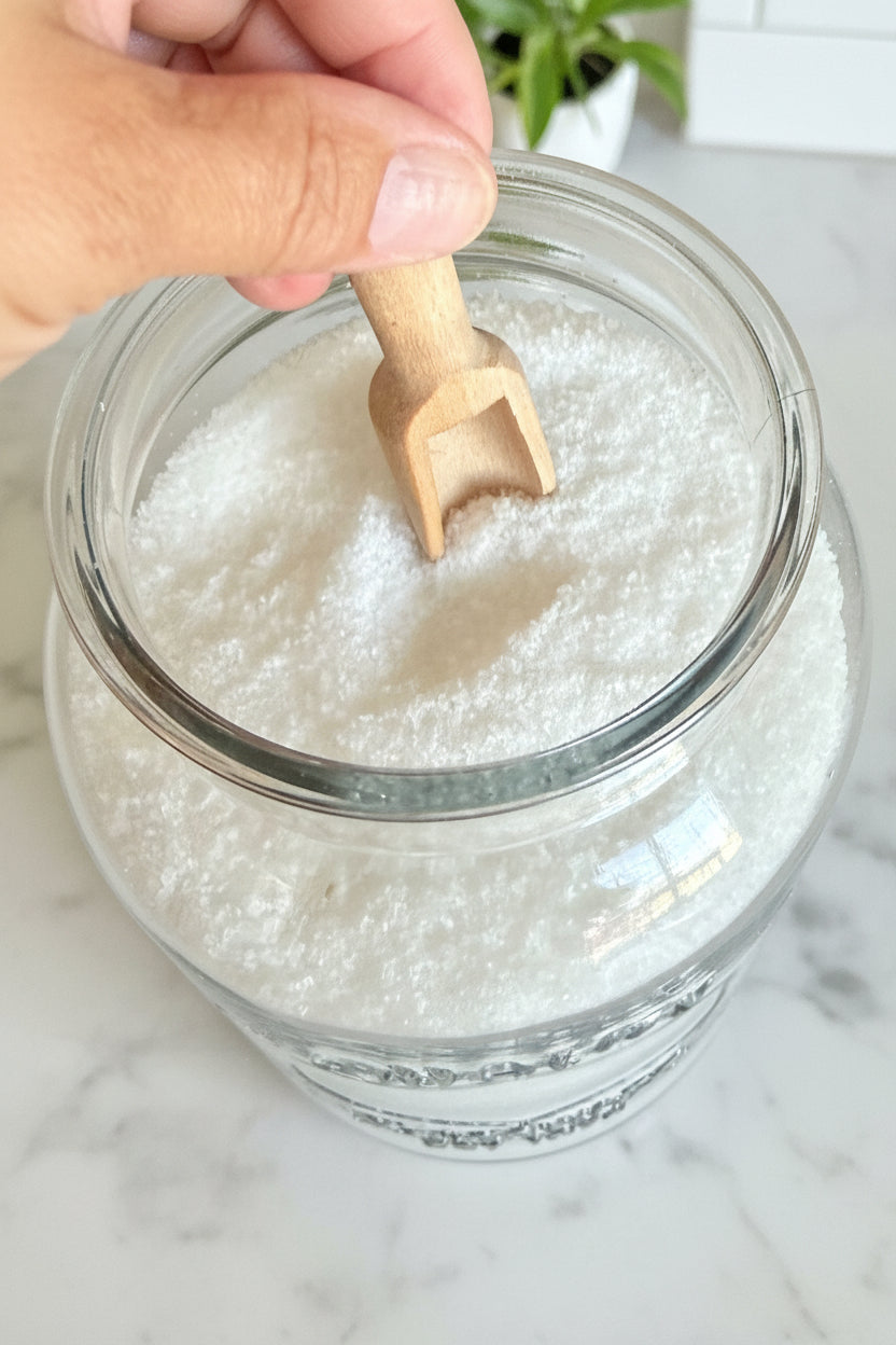 wild garden salt bath soak recipe in jar with scoop natural skin and muscle rejeuvinating soak