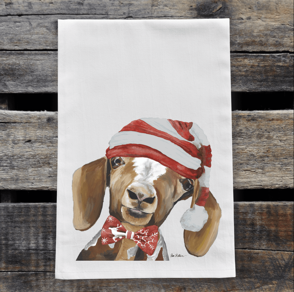 Christmas Goat Millie Towel, Farmhouse Goat Tea Towel - Bumble & Bleat Soapery