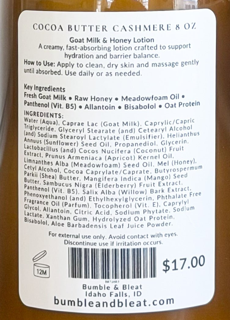 Cocoa Butter Cashmere Goat Milk and Honey Lotion - Bumble & Bleat Soapery