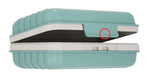 Draining, travel soap dish with snapping lid and removeable tray in blue with white trim.