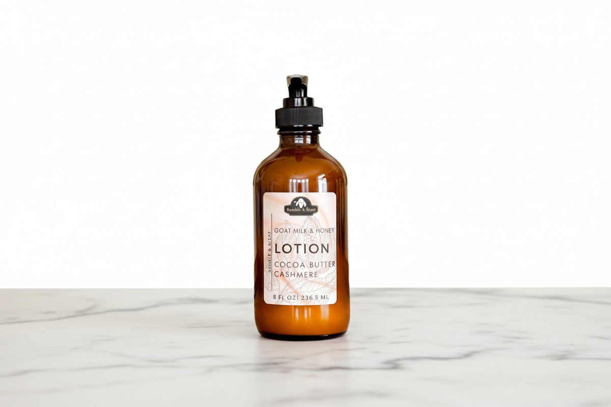 Goat milk & honey body lotion in cocoa butter cashmere scent for soft, hydrated skin