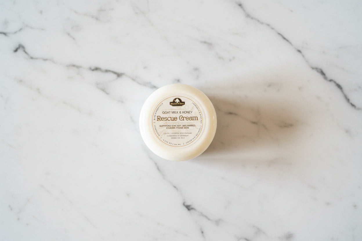 Jar of Goat Milk & Honey Rescue Cream with ceramides and colloidal oatmeal for deep hydration