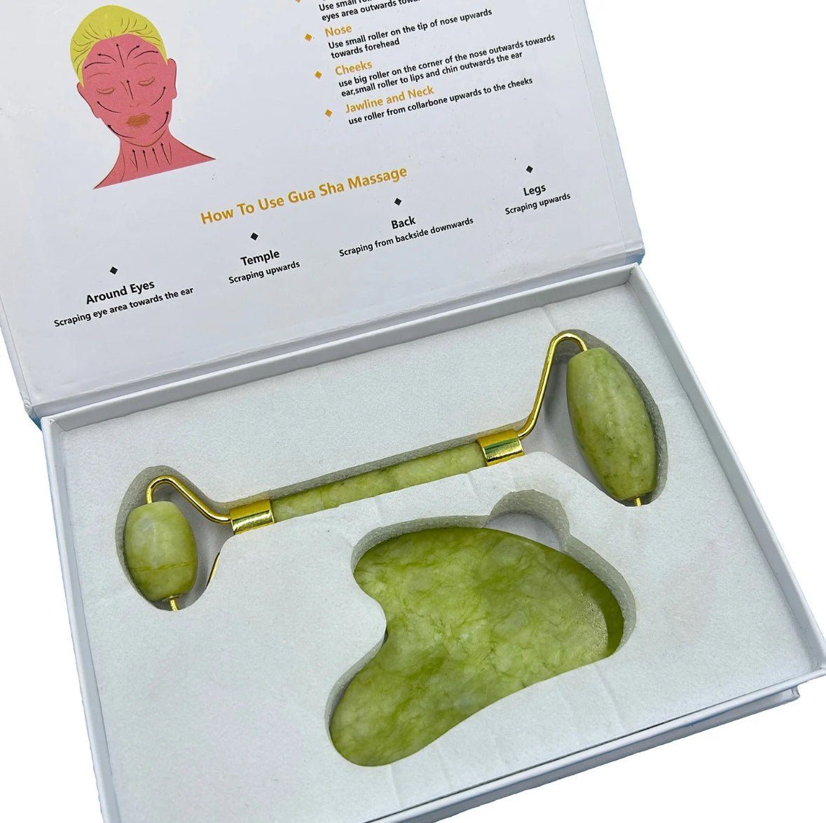 Jade Stone Facial Massage Roller and Gua Sha Box Set - Bumble & Bleat Soapery
