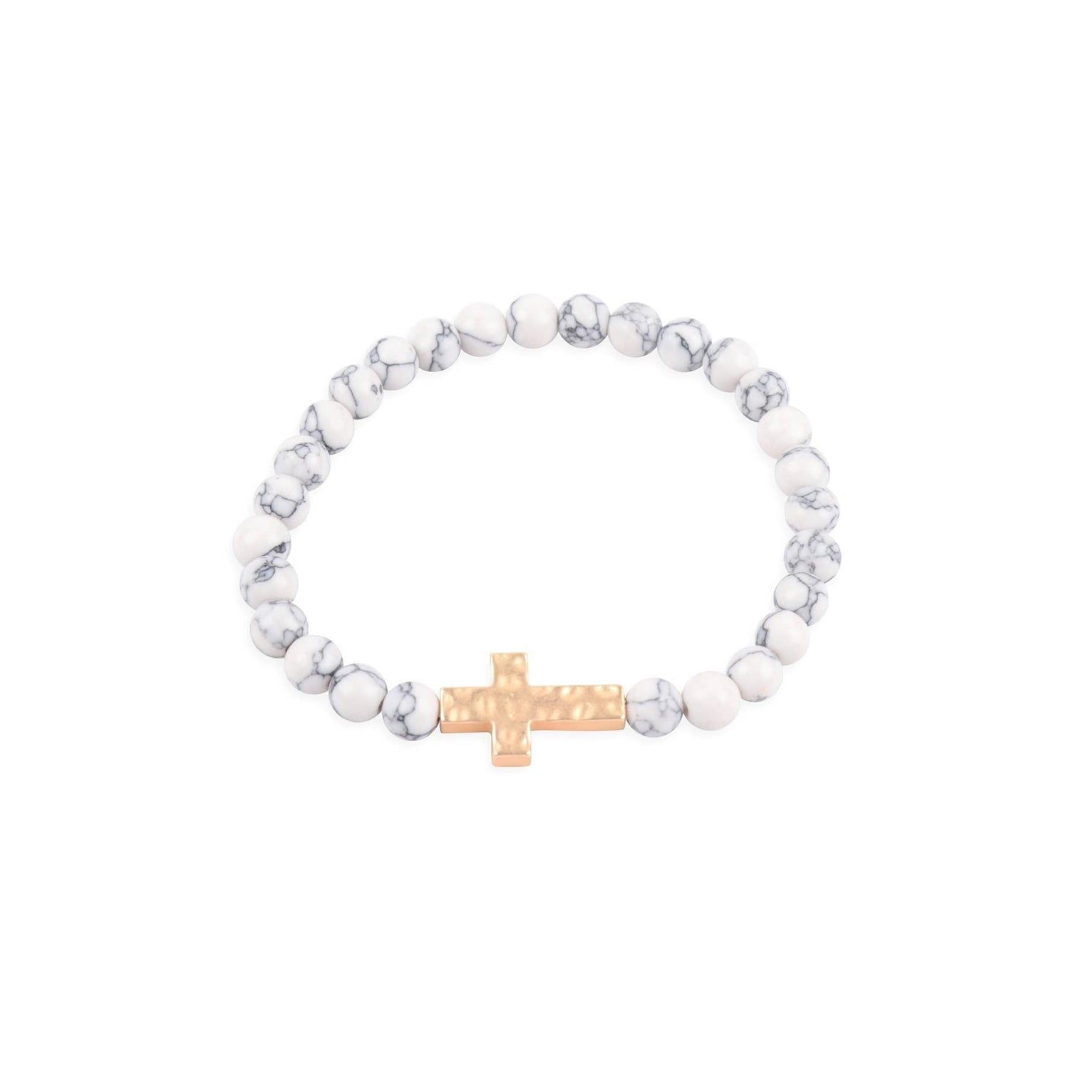 NATURAL STONE CROSS HAMMERED STRETCH BRACELET - Bumble & Bleat Soapery