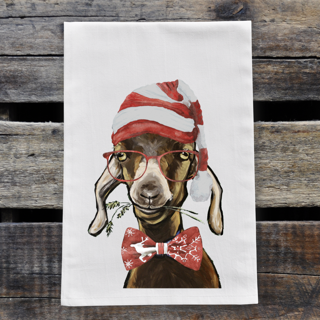 Christmas Goat Flour Sack Towel, Farmhouse Goat Tea Towel