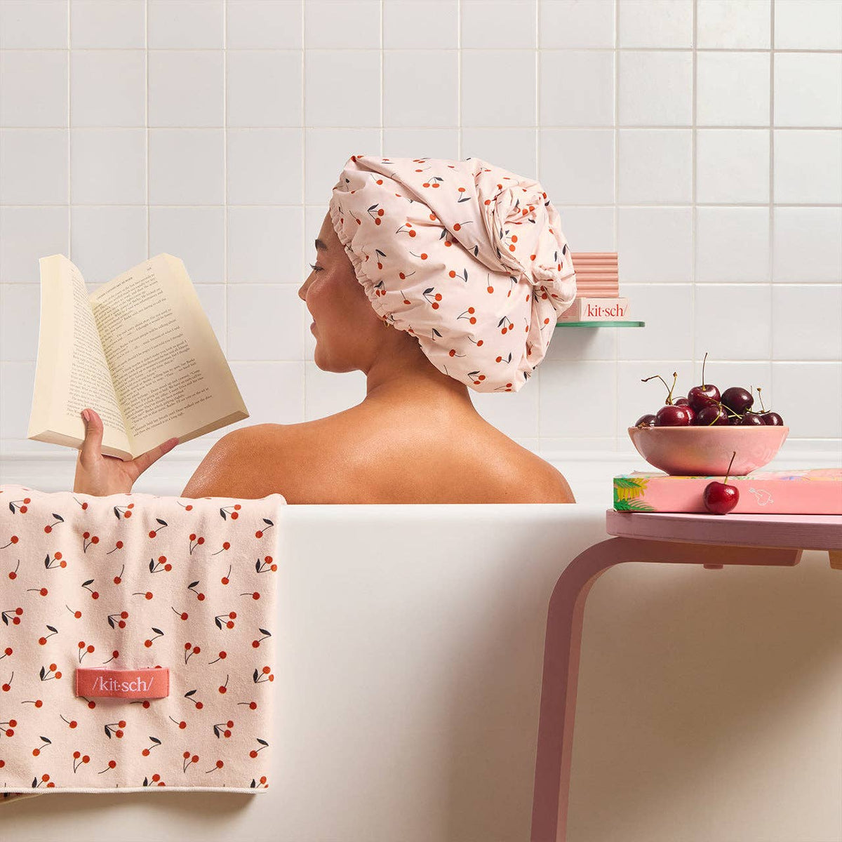 Satin - Lined Flexi Shower Cap - Cherry Print - Bumble & Bleat Soapery