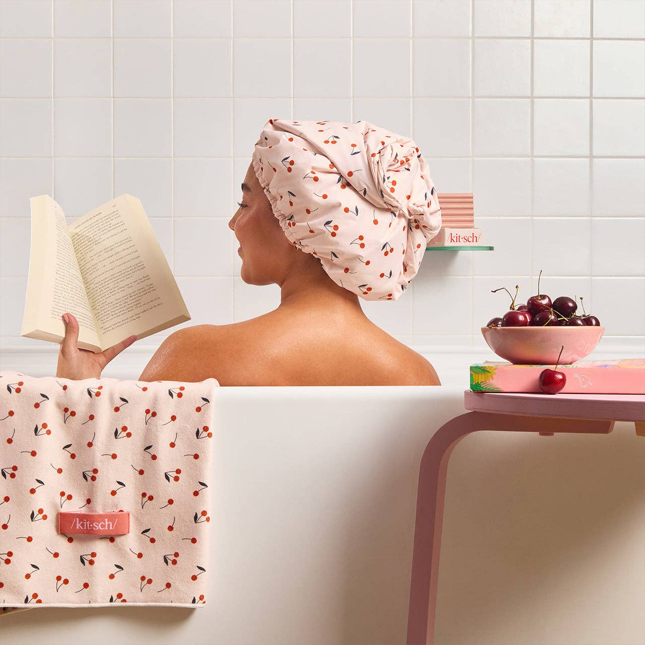 Satin - Lined Flexi Shower Cap - Cherry Print - Bumble & Bleat Soapery