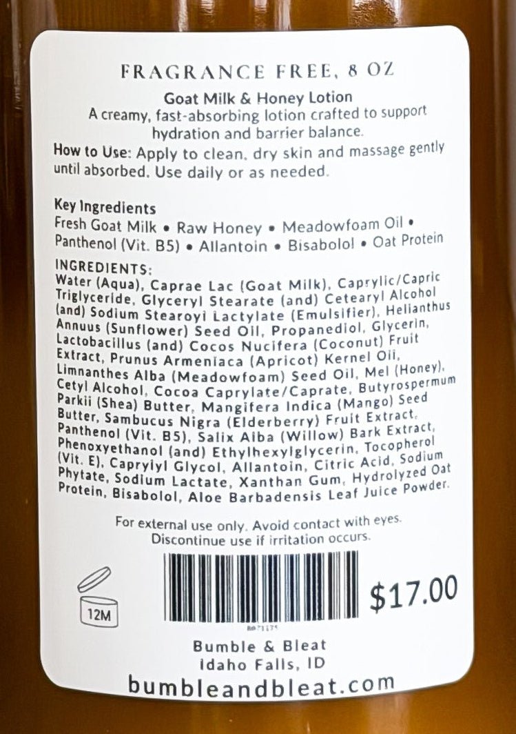 Simply Fragrance Free Goat Milk & Honey Lotion - Bumble & Bleat Soapery