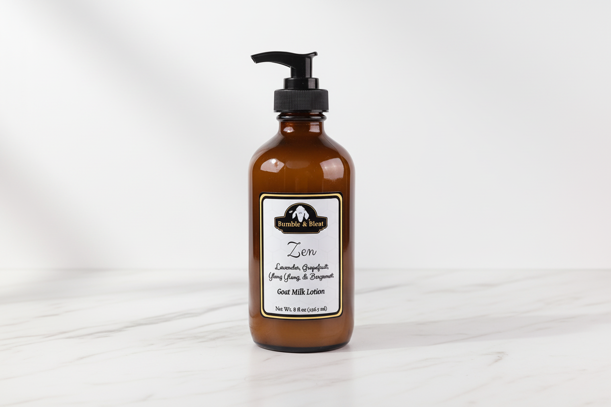 Zen nourishing and hydrating goat milk and honey body lotion for dry skin scented with a calming blend of essential oils - Bumble & Bleat Soapery